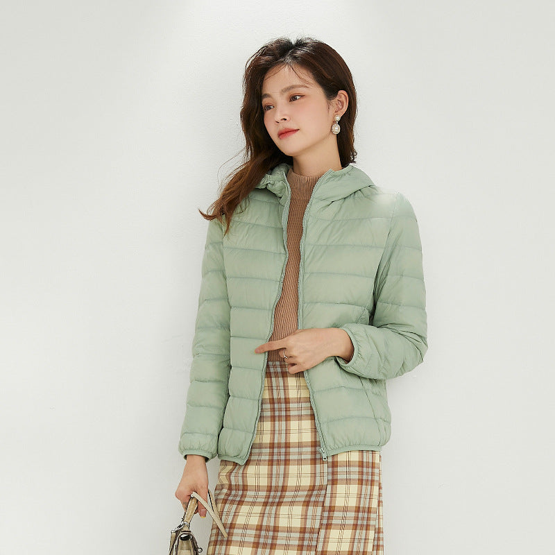 Light women's down jacket with stand-up collar
