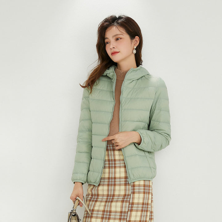 Light women's down jacket with stand-up collar