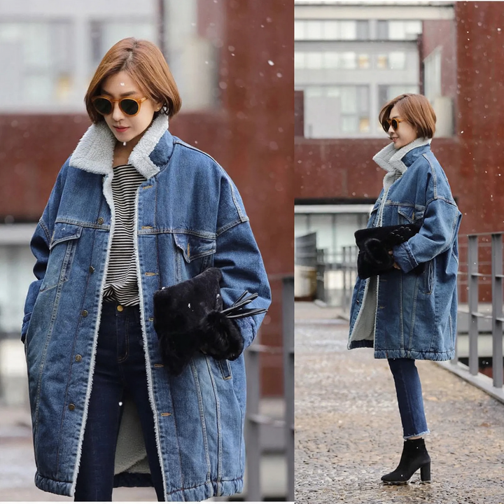 Padded denim jacket with lambskin look, mid-length