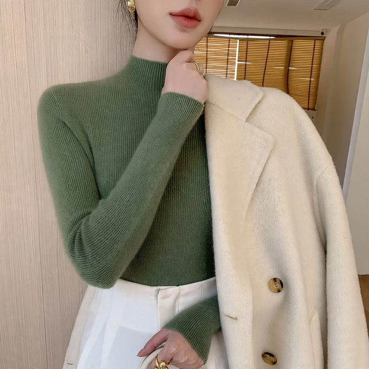 Women's Wool Knit Sweater, Stand-Up Collar, Slim Fit