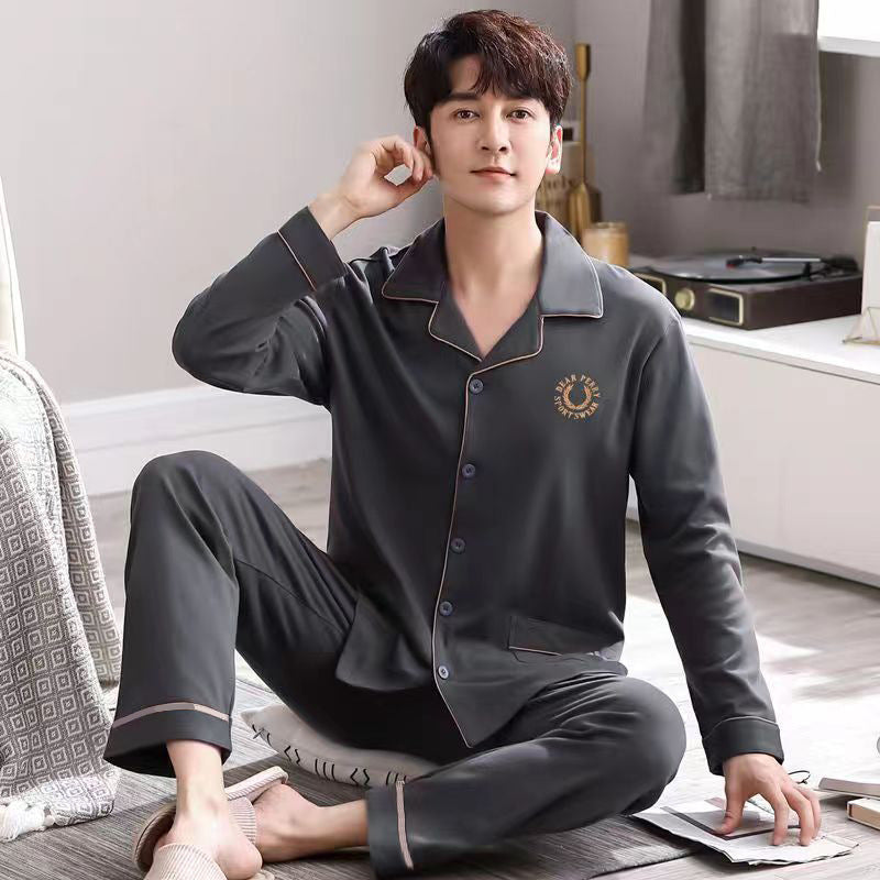 Men's cotton pajama set, long sleeve, with button placket