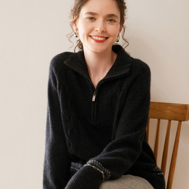 Women's cashmere sweater with stand-up collar and zipper
