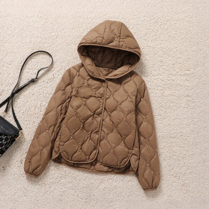 Light women's down jacket, short, with hood