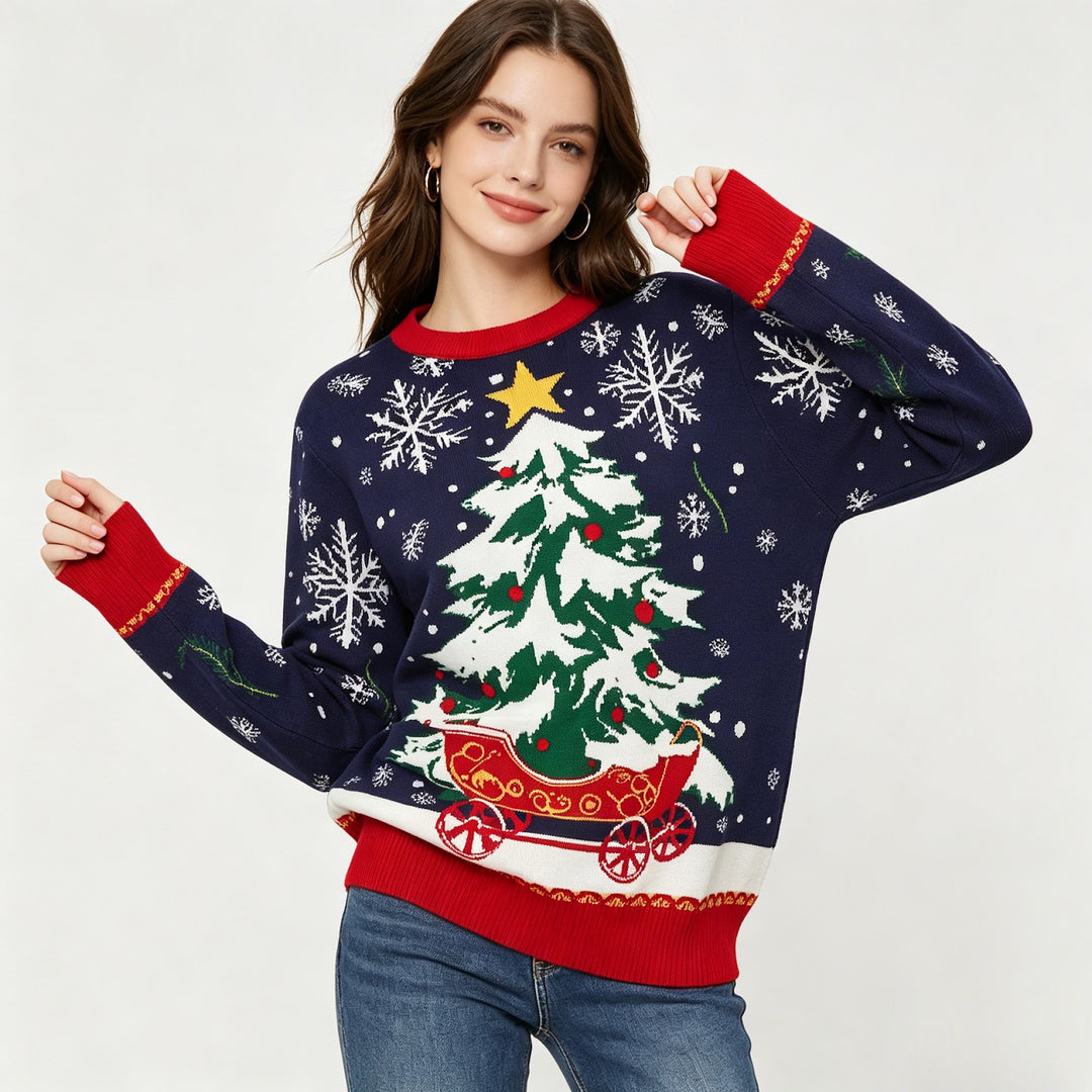 Christmas knit sweater with tree jacquard