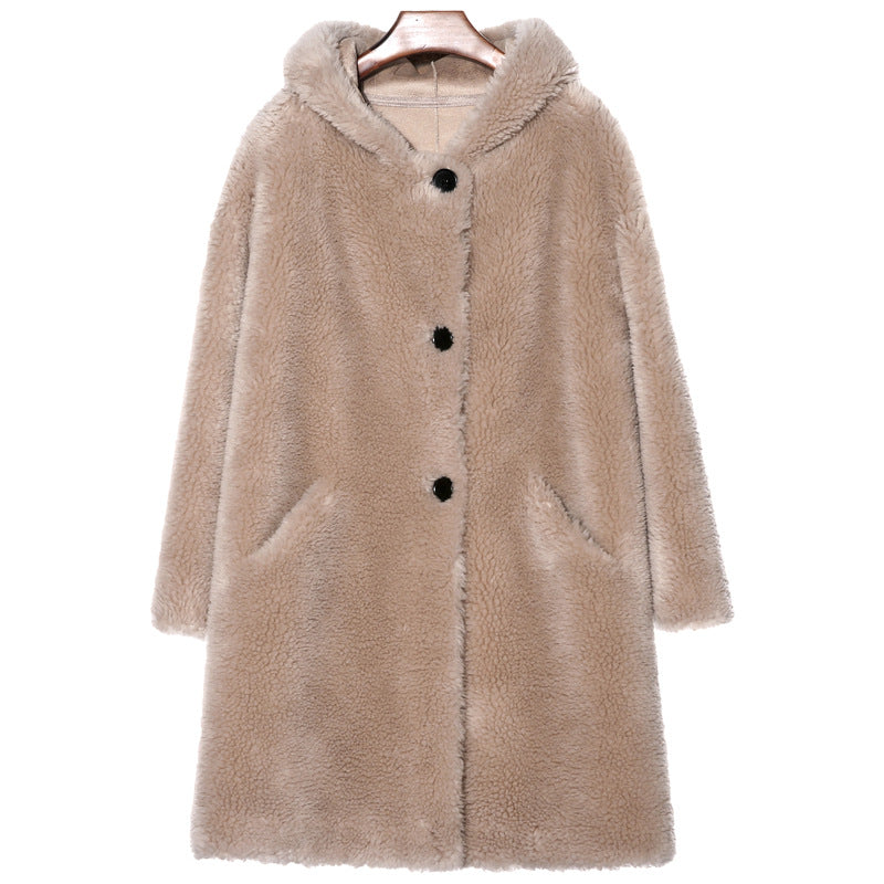 Women's Sheepskin Imitation Coat with Hood, Mid-Length