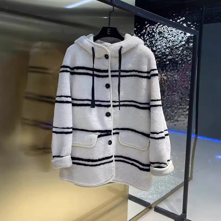 Lamb fleece coat with hood and stripe pattern