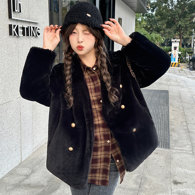 Women's plush jacket with V-neck, warm and windproof