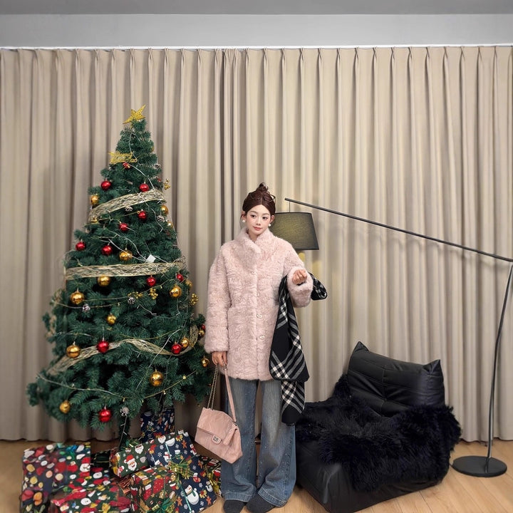 Women's coat in lambskin look, mid-length, lined