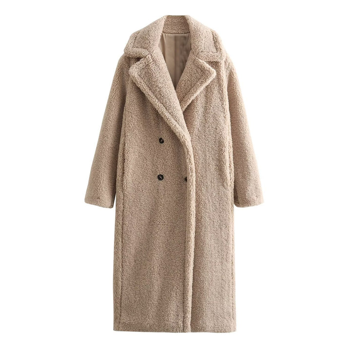 Long Lamb Fleece Coat with Lapel for Women