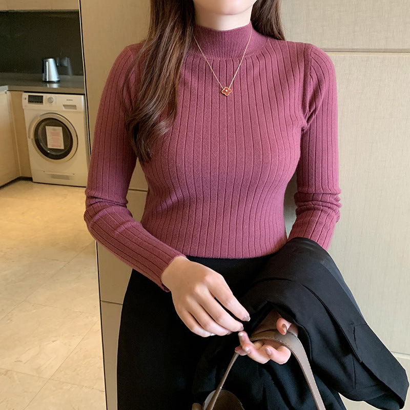 Women's knit sweater with stand-up collar, thin