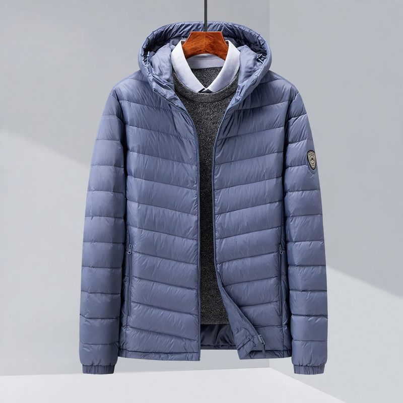 Light men's down jacket, hood or stand-up collar