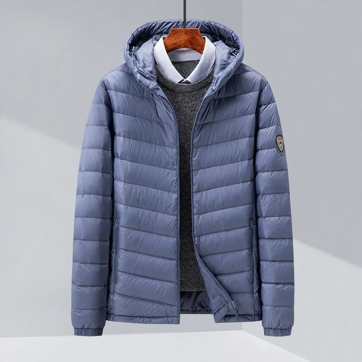 Light men's down jacket, hood or stand-up collar