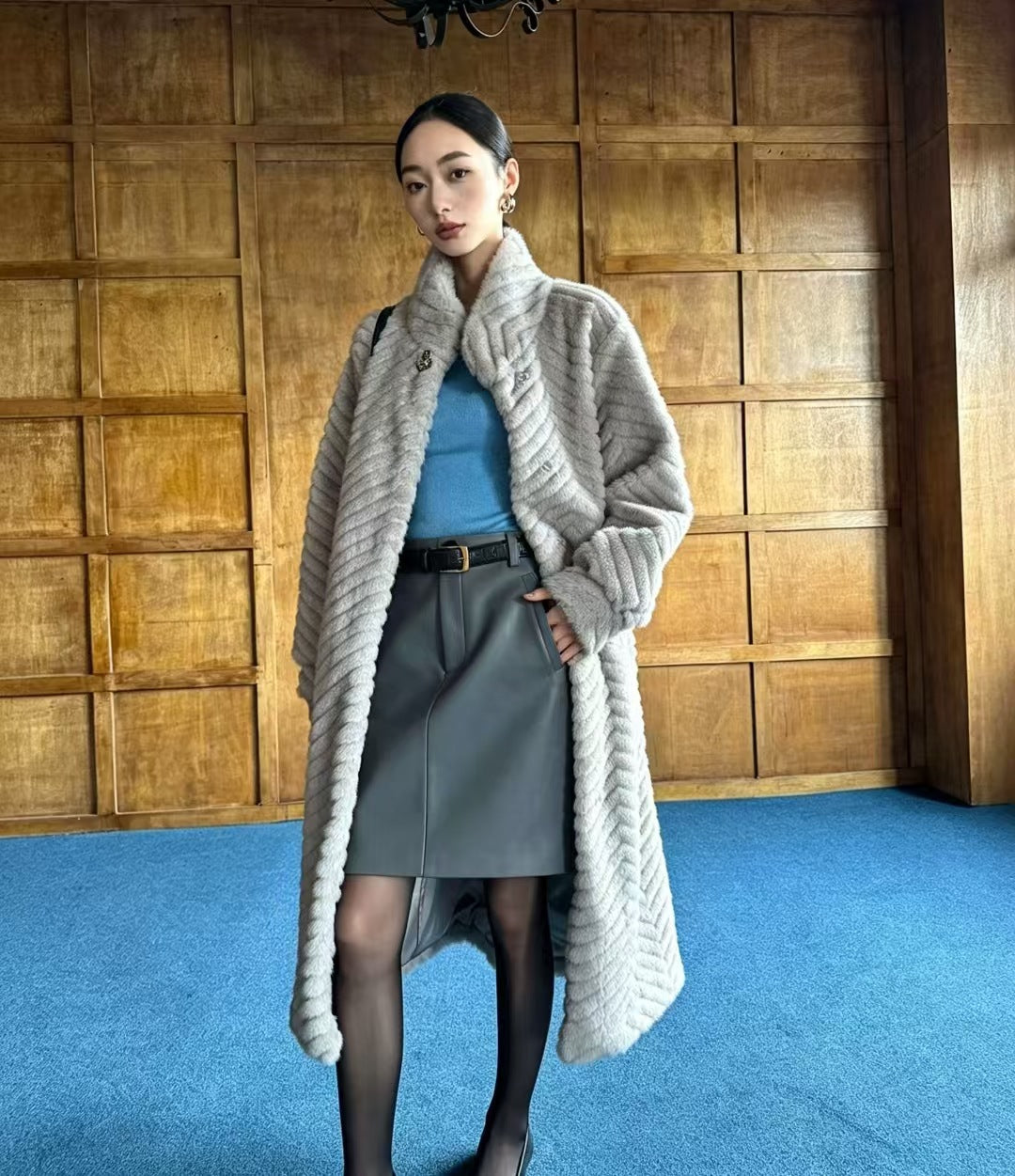 Women's coat in fur look with herringbone pattern