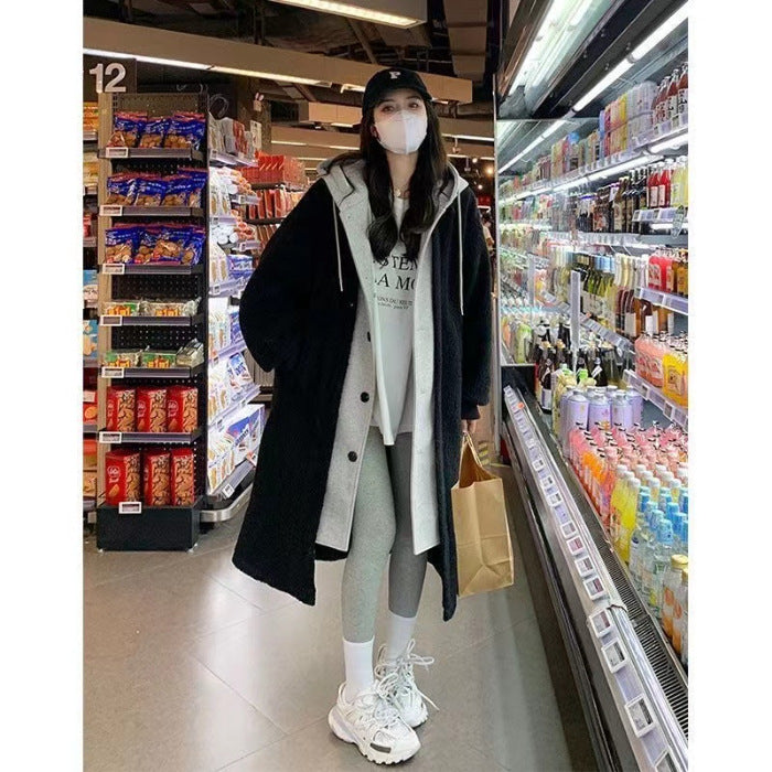 Lamb fleece imitation coat with hood, mid-length, padded