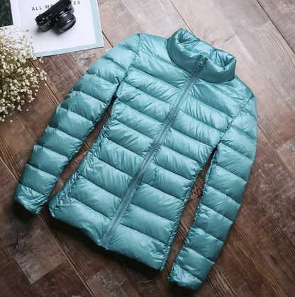 Short women's down jacket, white duck down lining, stand collar