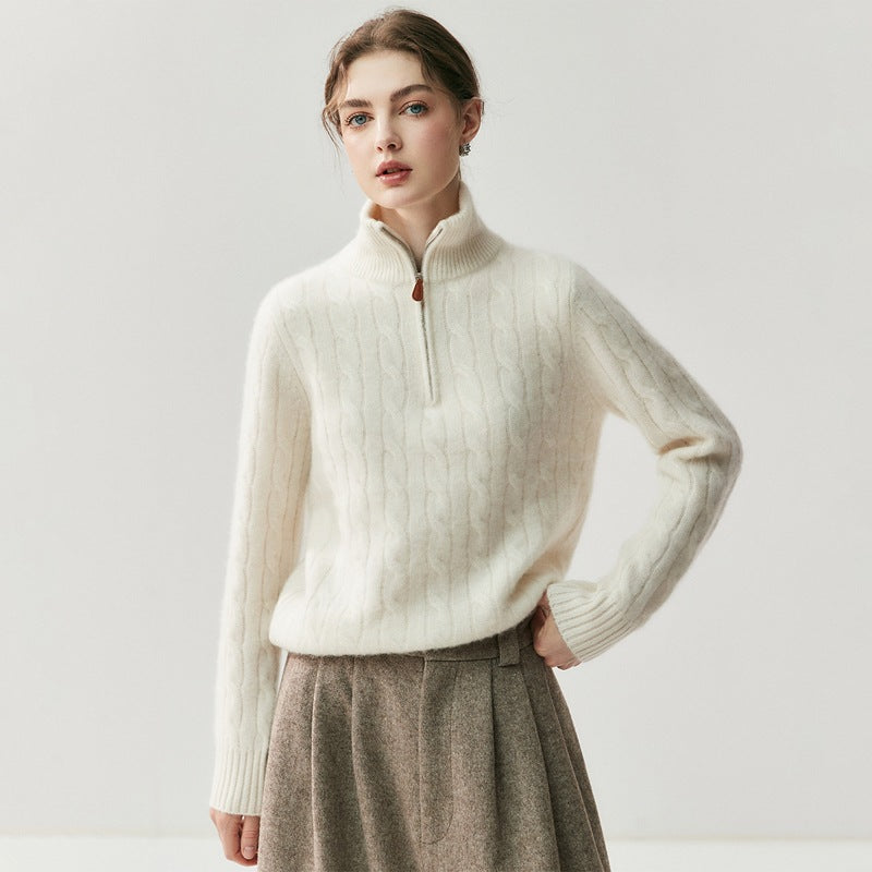 Women's knit sweater with zipper and cable pattern