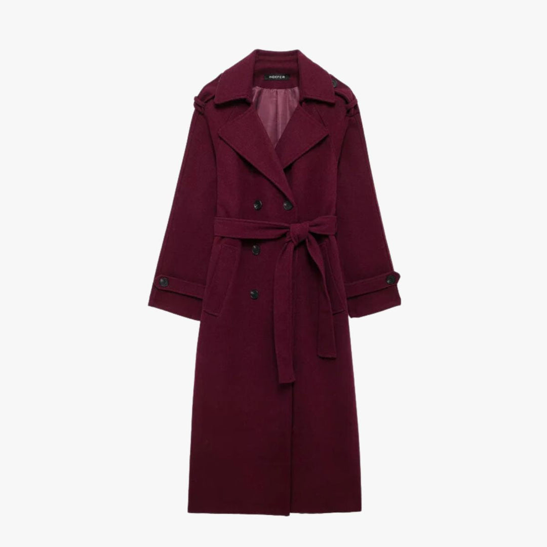 Mune | Elegant Trench Coat In Burgundy with Belt