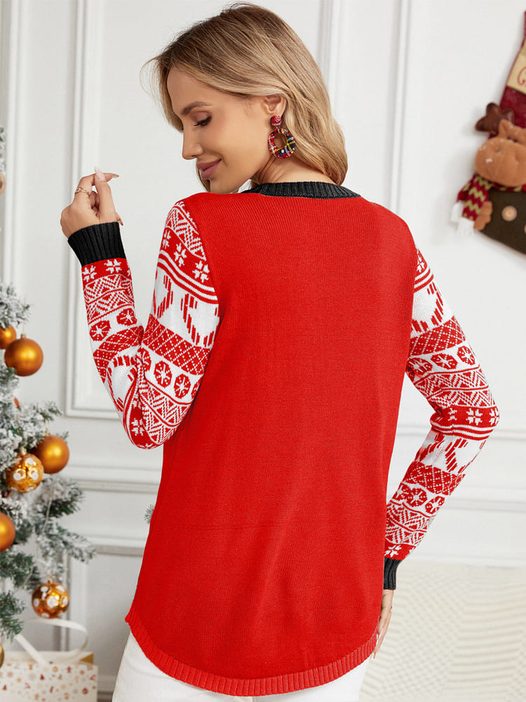 Mune | Christmas Long Sleeve Cat Appliqué Round Neck Sweater