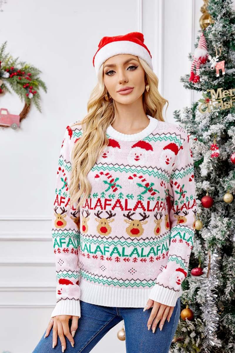 Mune | Loose Fit Round Neck Christmas Cartoon Knit Sweater - Pink