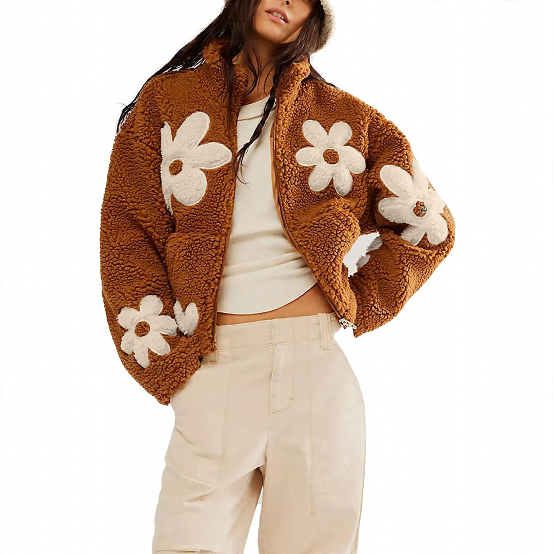 Faux fur cardigan with floral embroidery