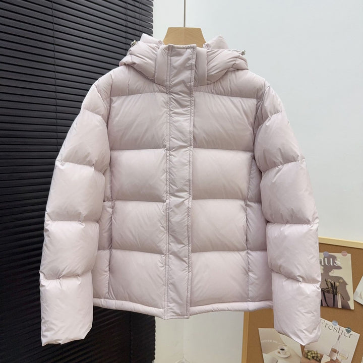 Short women's down jacket with removable hood
