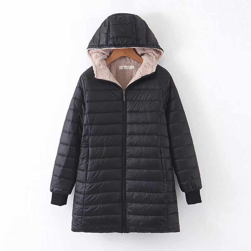 Padded women's winter coat with hood and lambskin look