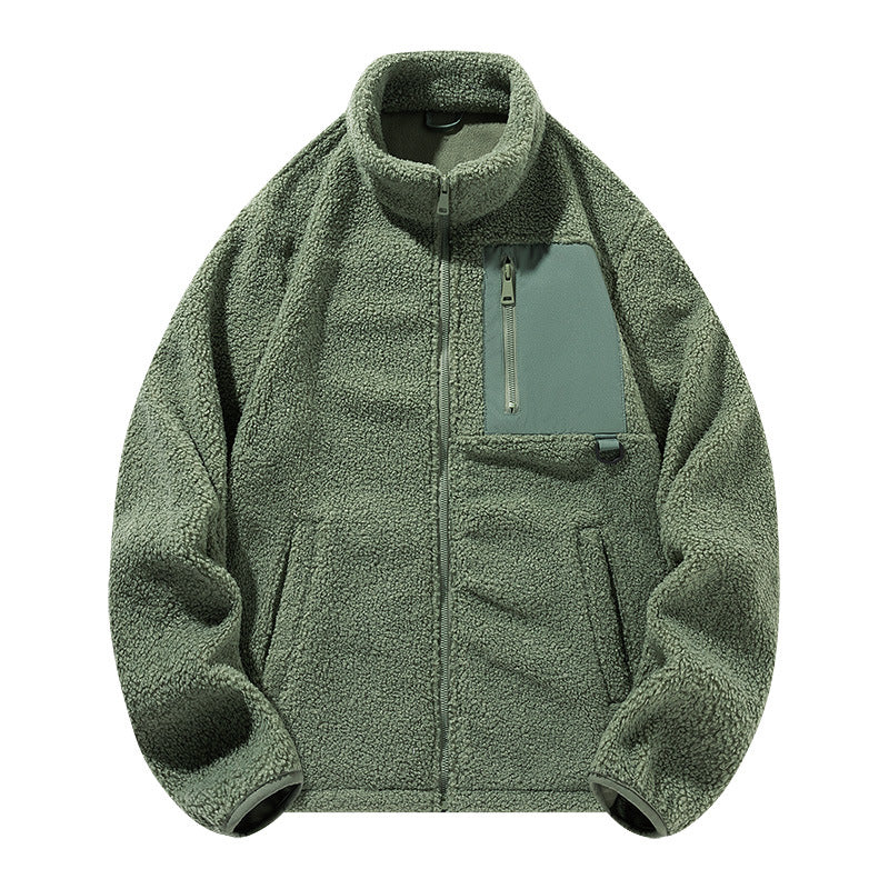 Unisex fleece jacket with stand-up collar and pockets