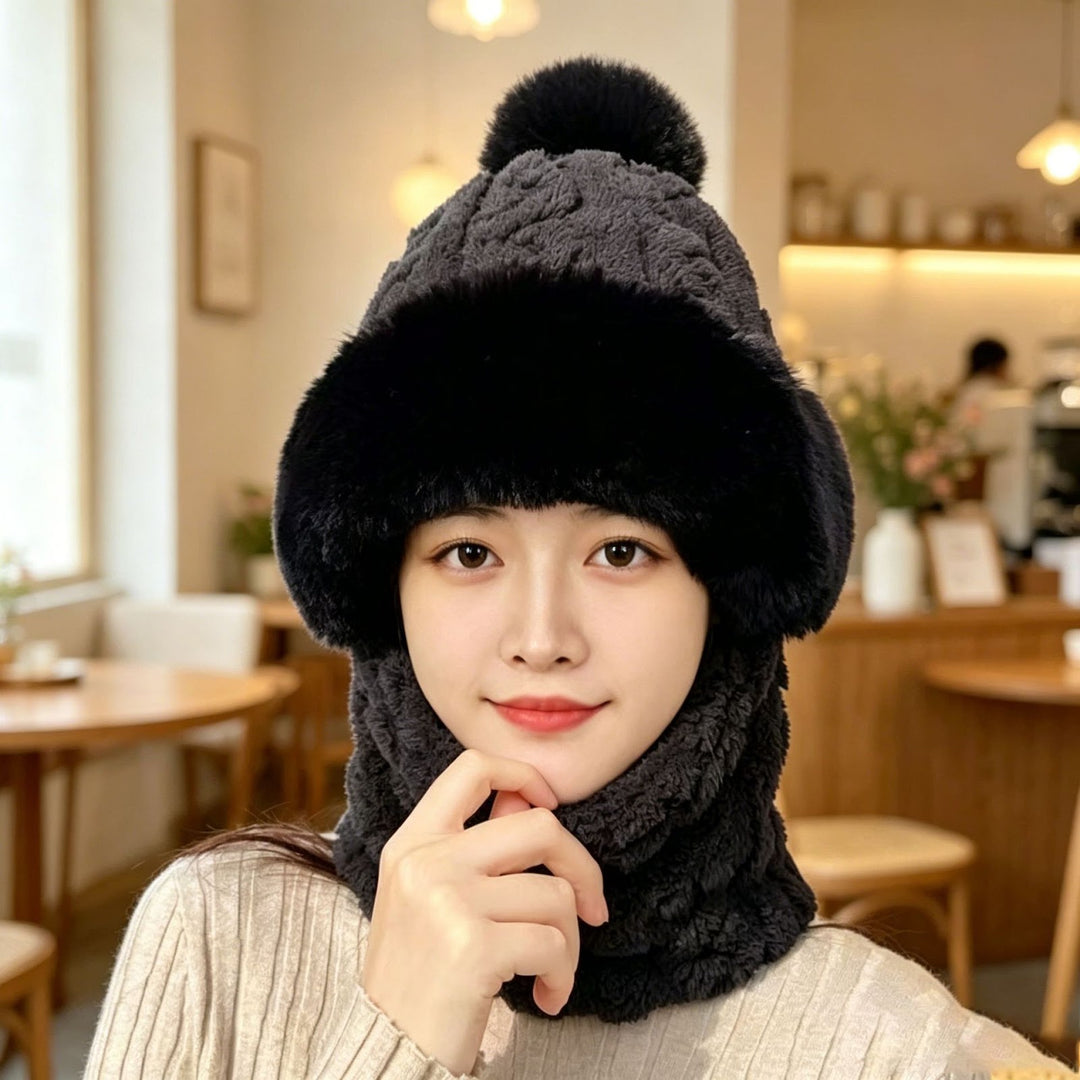 Plush hat with ears and scarf, one size