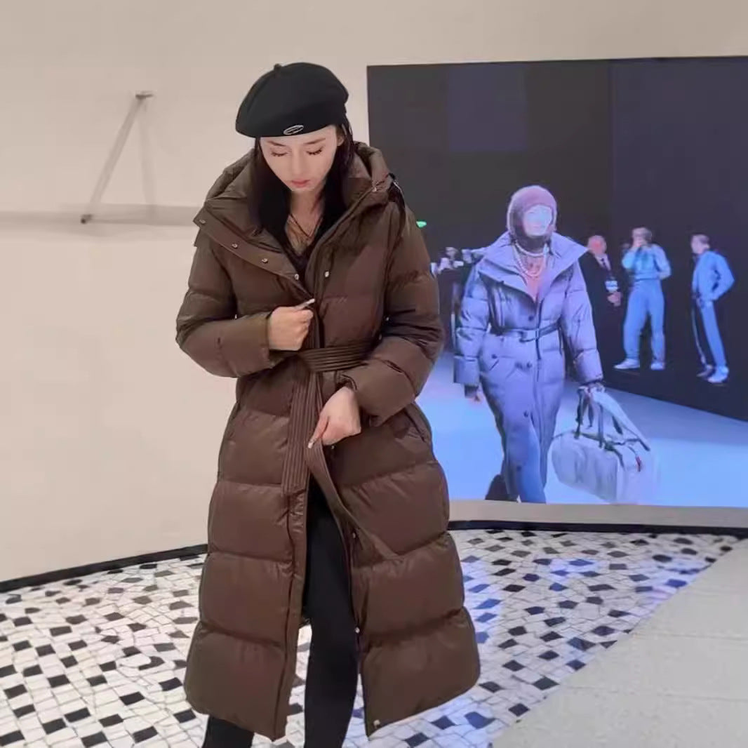 Long down coat with hood, tailored, knee-length