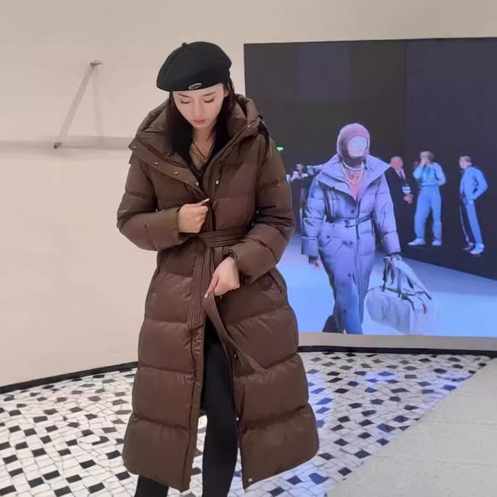 Long down coat with hood, tailored, knee-length