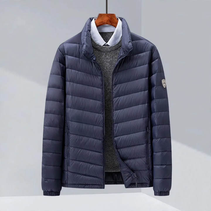 Light men's down jacket, hood or stand-up collar