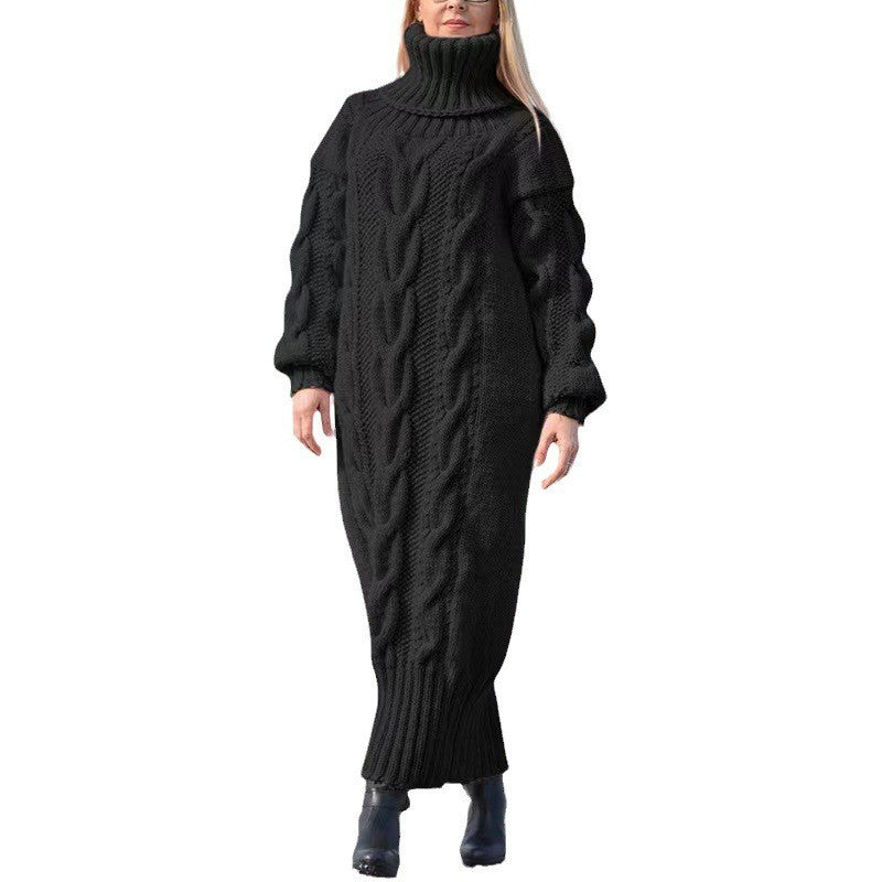 Long women's turtleneck sweater with cable pattern