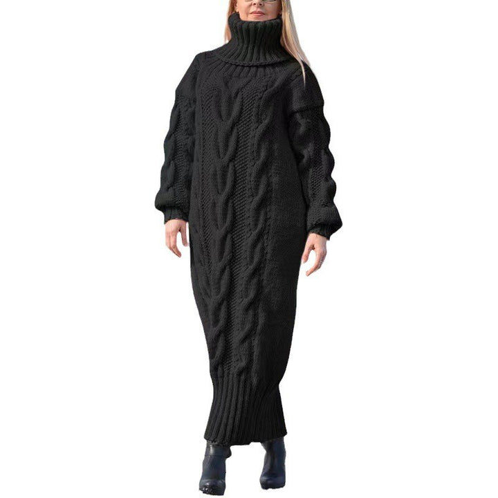 Long women's turtleneck sweater with cable pattern