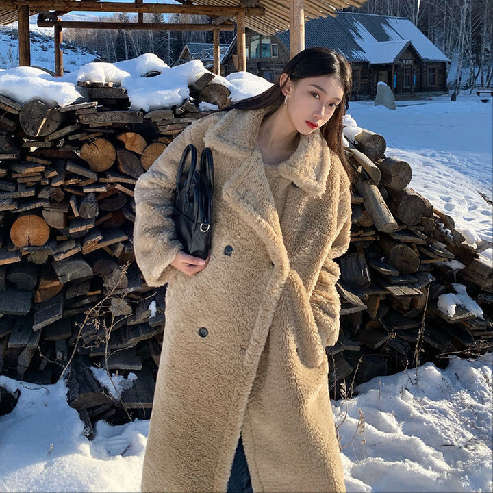 Longer, padded lamb fleece imitation coat