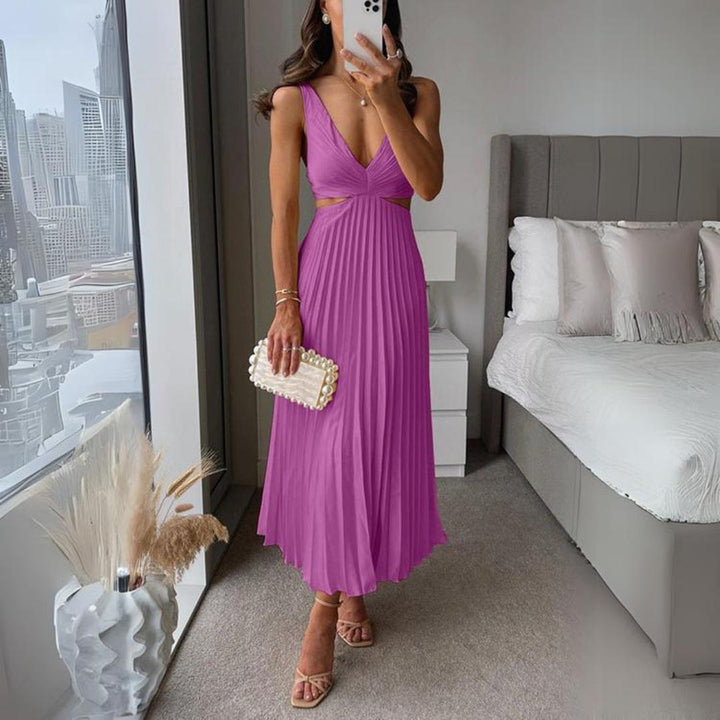 Mune Fashion | Midi Dress Sleeveless V-Neck Twist Front & Cut Out Detail Pleated Skirt