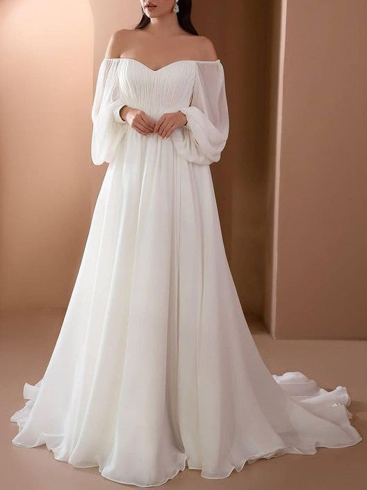 Romantic Off-Shoulder Long Sleeve White Wedding Dress for Wedding | Mune Fashion