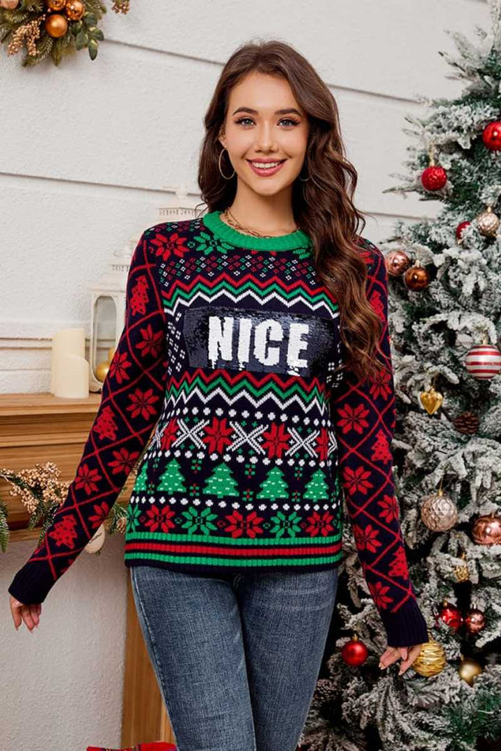 Mune | Sequin Embroidered Christmas Jacquard Knit Sweater