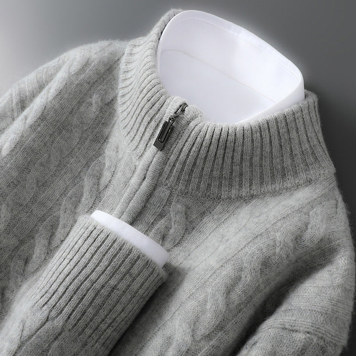 Men's wool sweater, 100% wool, zipper, cable pattern