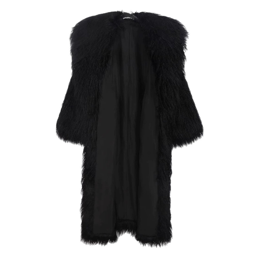 Long faux fur coat with tie belt and lapel collar