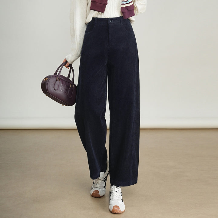 Women’s corduroy pants with a high waistband, straight-cut
