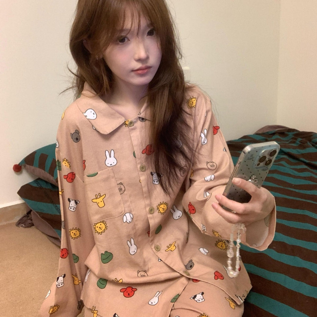 Cotton loungewear, brushed, long, cartoon design