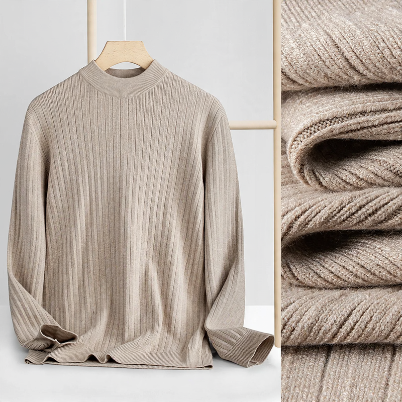 Men's knit sweater made of wool and lyocell, stand-up collar