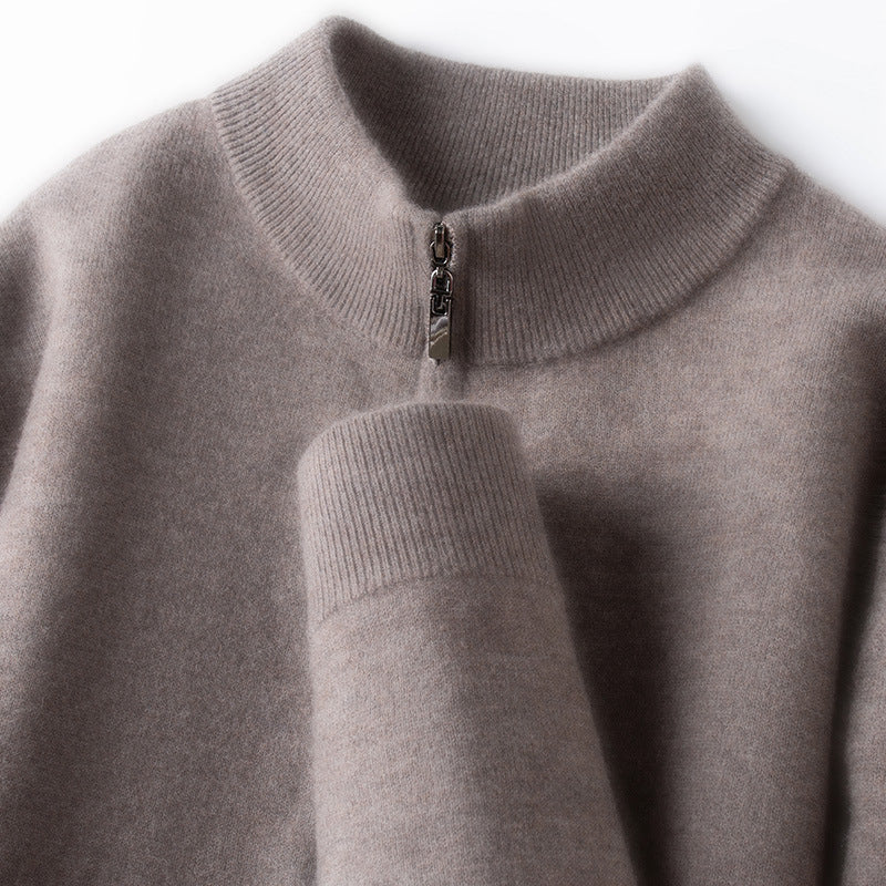 Men's wool pullover, 100% wool, zipper, stand-up collar