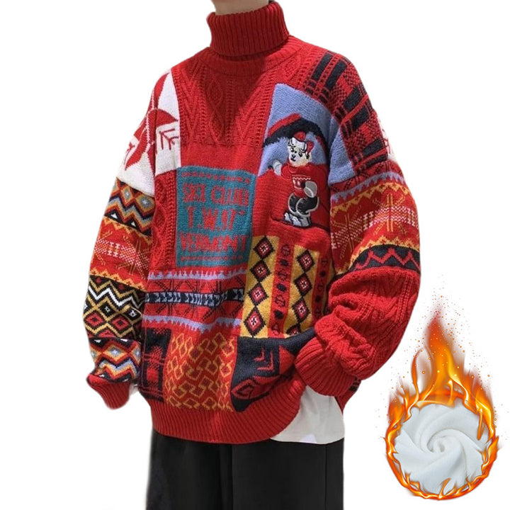 Men's knitted sweater with bear embroidery and stand-up collar