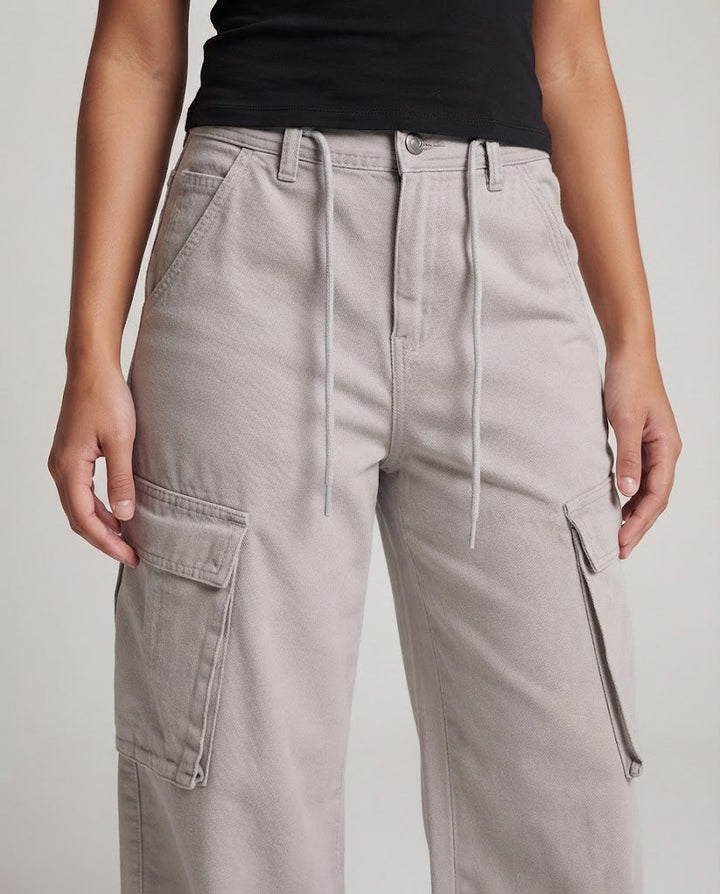 Women's Wide Cargo Palazzo Pants made of Soft Denim with Drawstring Waistband and Oversized Flap Pockets Mune Fashion