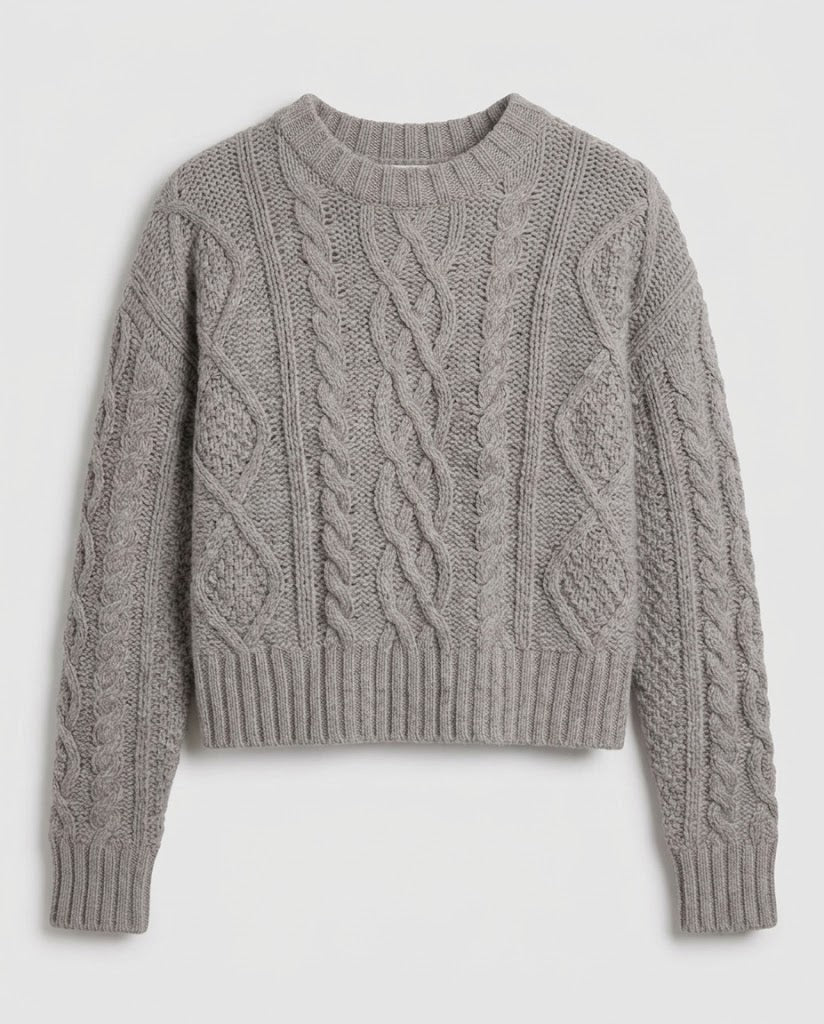 Women Cashmere-Effect Cable Knit Sweater with Cropped Hem and Voluminous Sleeves Mune Fashion