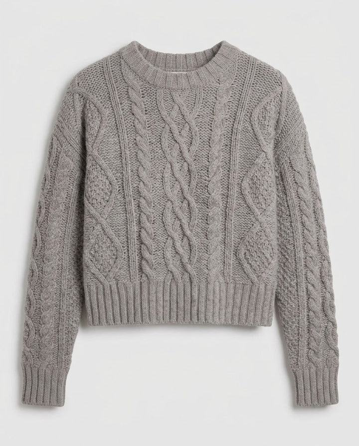 Women Cashmere-Effect Cable Knit Sweater with Cropped Hem and Voluminous Sleeves Mune Fashion