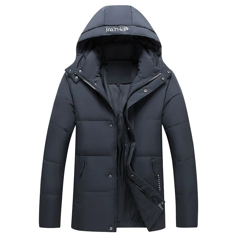 Short men's down jacket with detachable hood