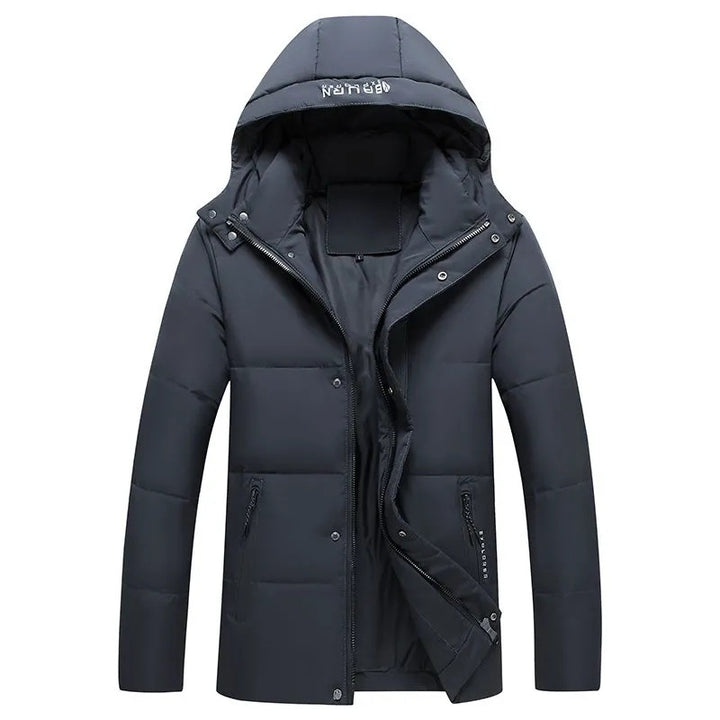 Short men's down jacket with removable hood