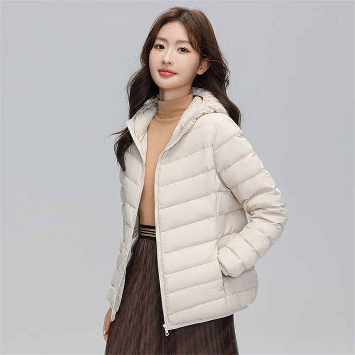Women's down jacket, short, with hood, lightweight and warm